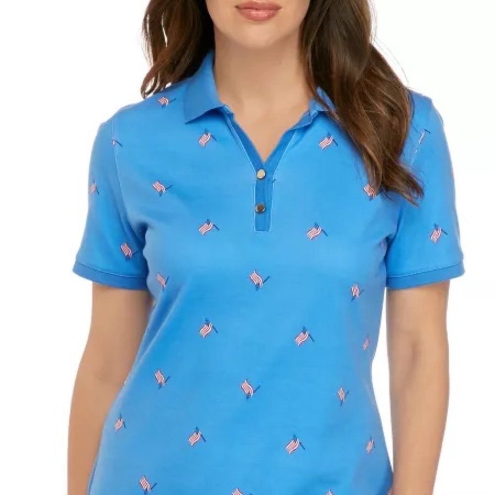 Kim Rogers Women’s Short Sleeve American Flags Printed Pullover Polo Shirt NWT